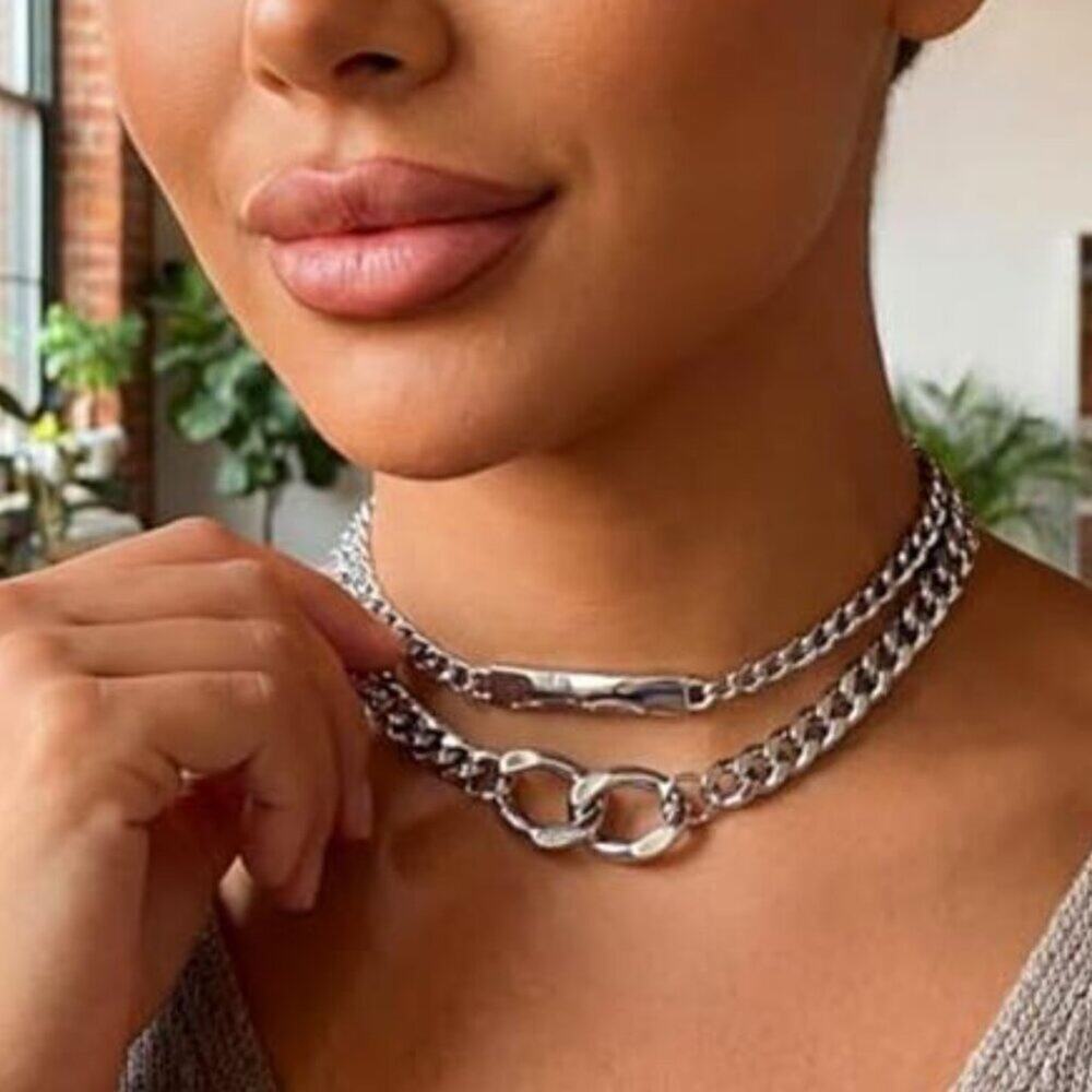 Boho Silver Cuban Link Choker Necklace Trendy Chain Jewelry